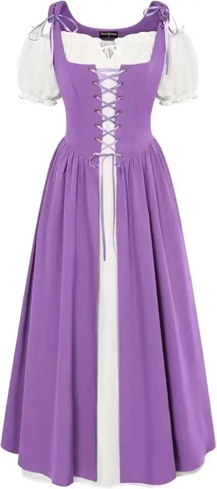 Medieval Cosplay Costume Women Two Layer Lace Up Bodice Dress