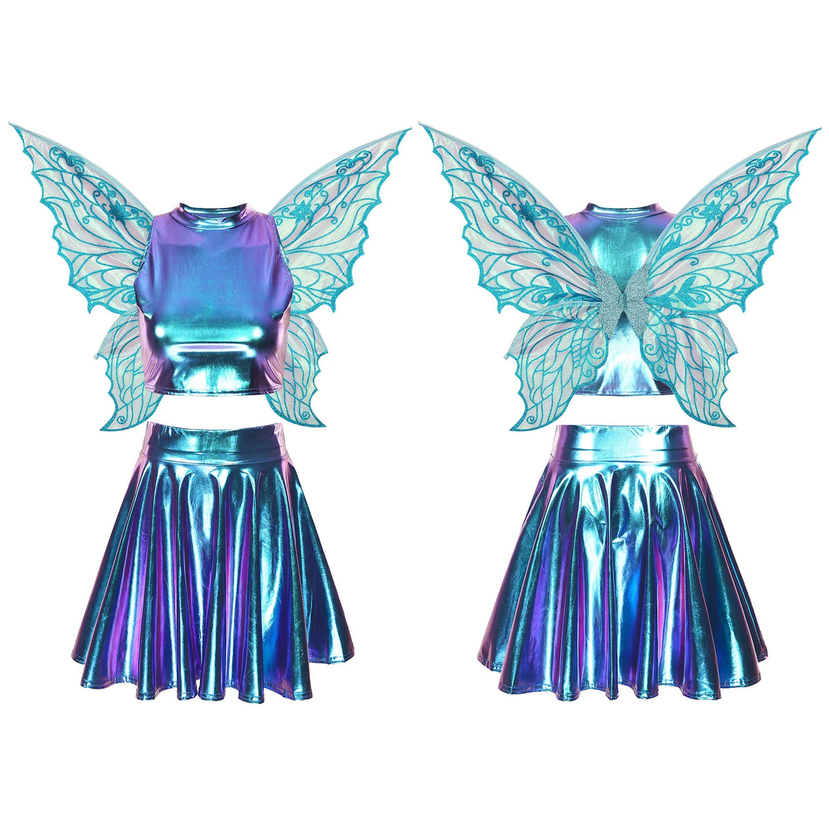 Festival Fairy Cosplay Costume Sleeveless Crop Top, High Waist Flared Skirt And Butterfly Wings Set