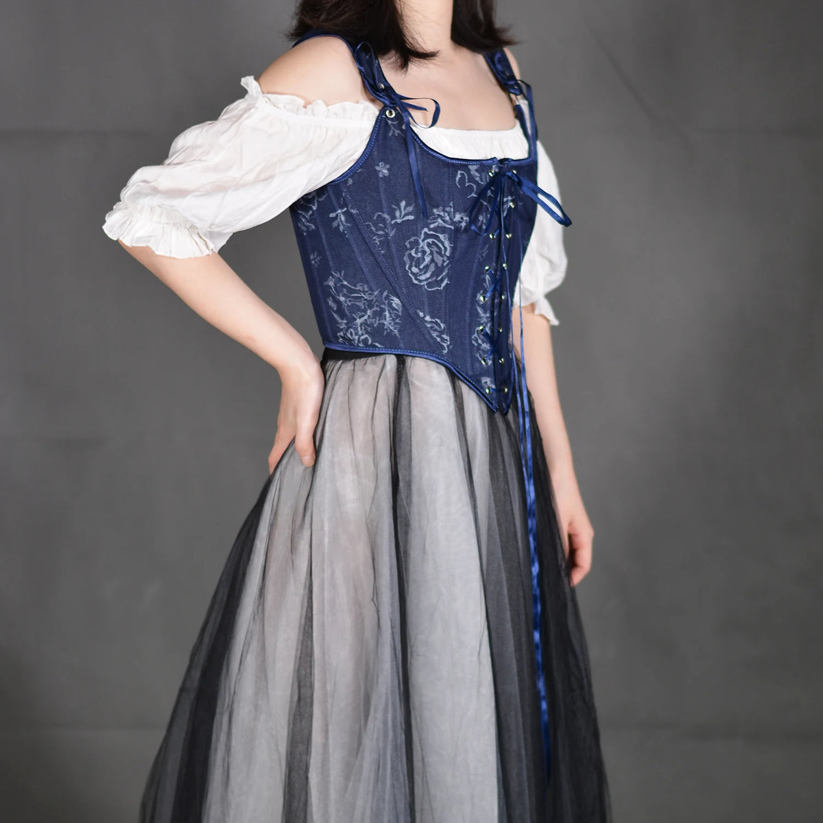 Blue Rose French Renaissance Corset Tops Lace-up Overbust Corset