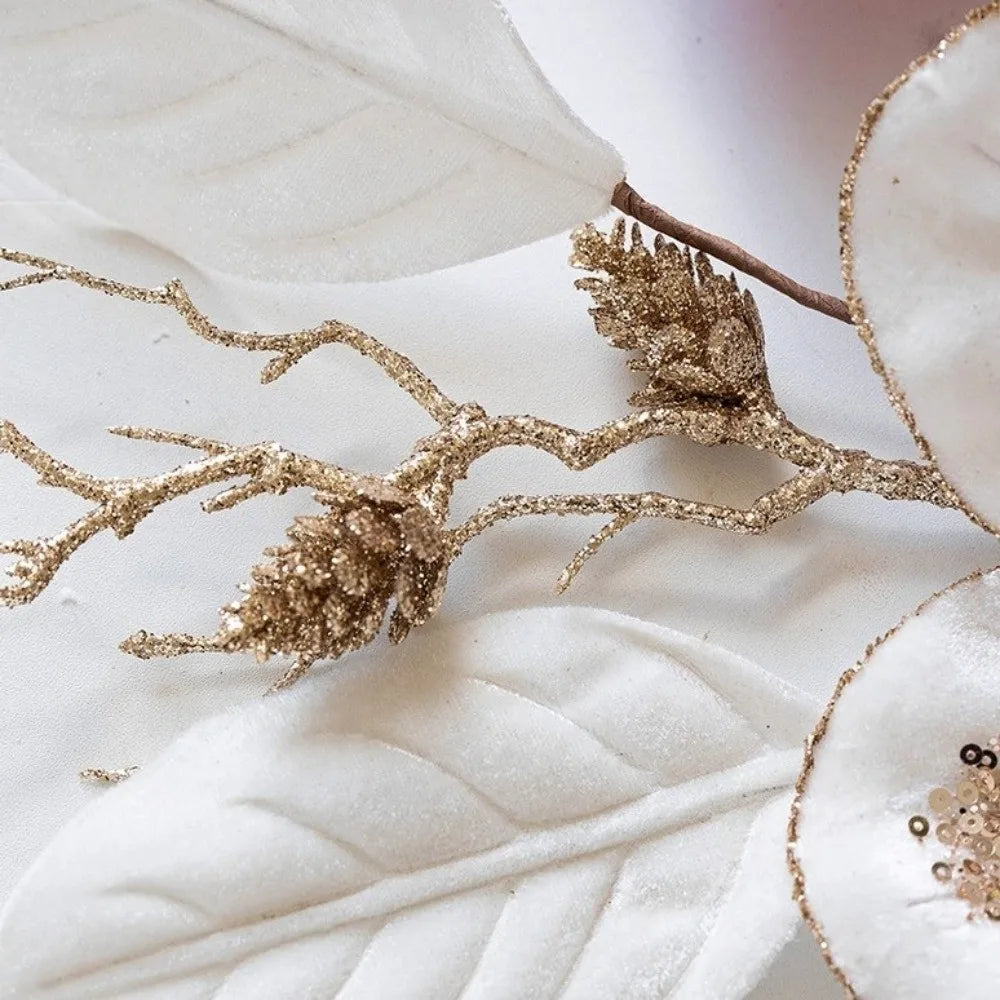 Glitter Christmas Magnolia Artificial Flower Red Gold Handmade Flocking Xmas Decorations