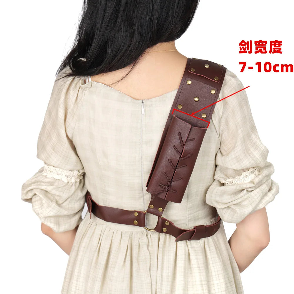 Back Sword Scabbard Katana Holder Medieval Pirate Knight Viking Warrior PU Leather Cosplay Props