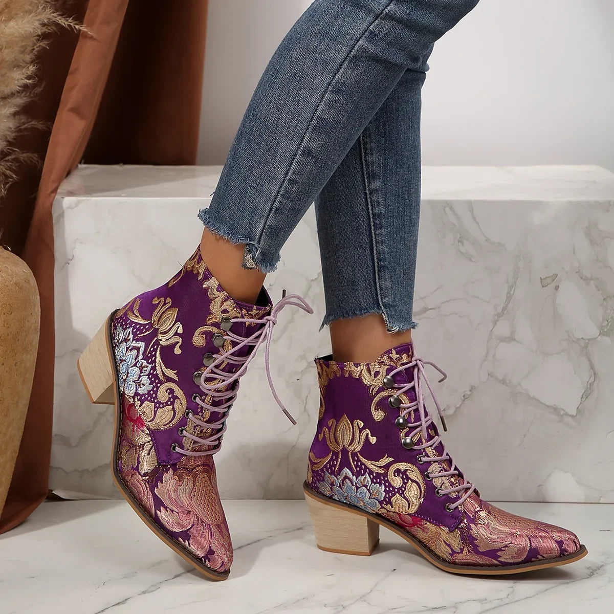 Purple and Golden Marie Antoinette Handmade Embroidered Ankle Boots
