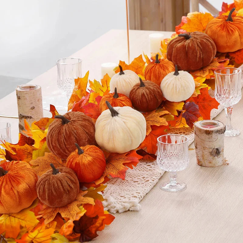 9pcs Velvet Artificial Pumpkins 3 Size Mixed Halloween Party Thanksgiving Home Table Decoration Autumn Fall Decor