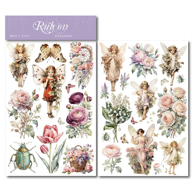 2 Sheet RUB ON Fairy Stickers Junk Journal Craft Transfer Rose Butterfly Stickers DIY Scrapbooking Craft Stickers