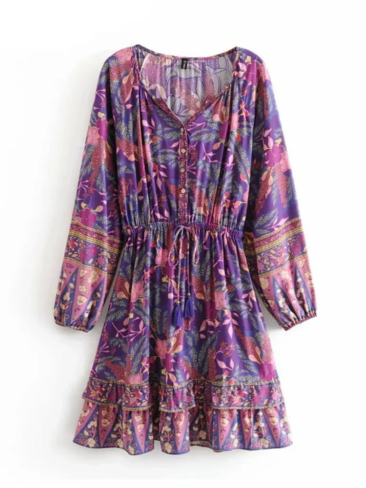 Elhiza's Purple Boho Mini Dress Lantern Sleeve