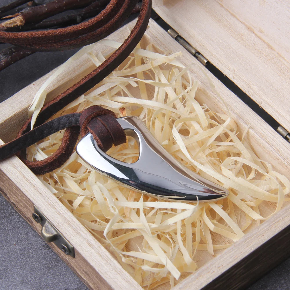 Viking Wolf Fang Stainless Steel Pendant Necklace For Men with Wooden Gift Box