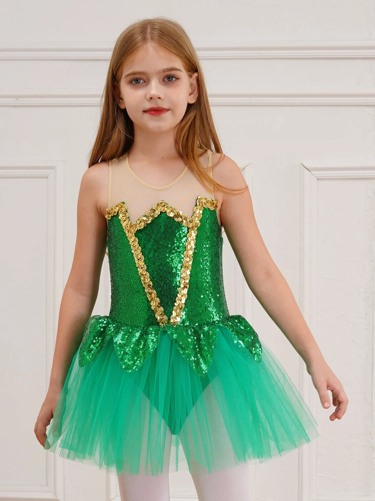 Royal Elf Green Sequins Girls Ballet Dance Dress Tutu Gymnastics Leotard Figure Skating Dance Performance Costume
