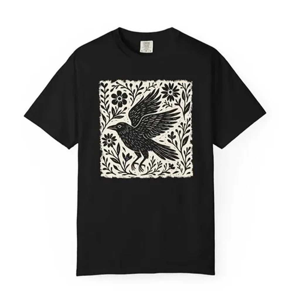 Folklore Crow Lino Print Cotton T-Shirt Folk Art Linocut