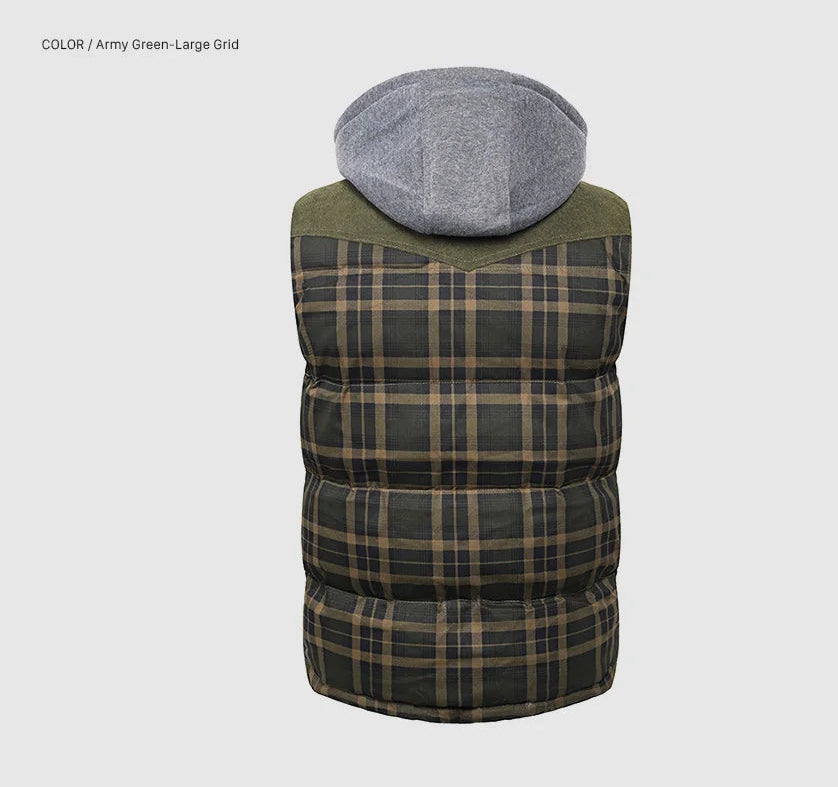 Woodsman Cotton Plaid Hooded Puffer Vest Jacket Thick Warm Winter Plaid Sleeveless Coat