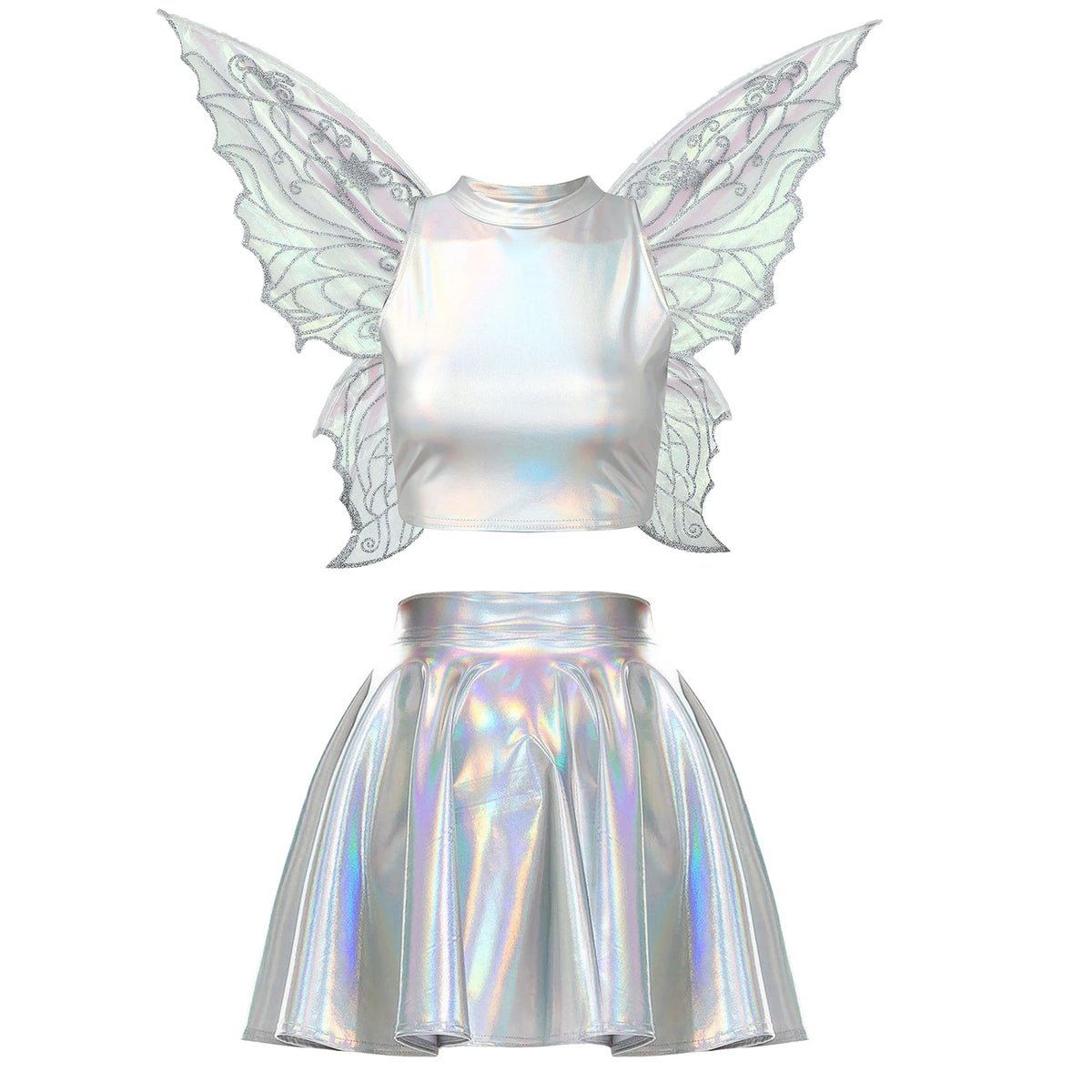 Festival Fairy Cosplay Costume Sleeveless Crop Top, High Waist Flared Skirt And Butterfly Wings Set