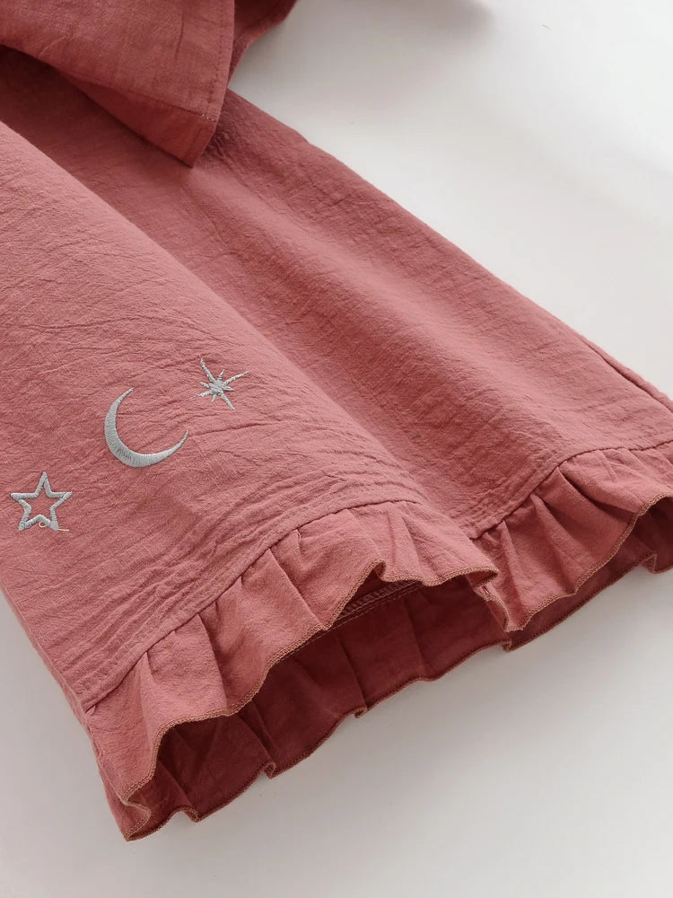Boho Star Moon Embroidered Short Kimono Wrap Top Ruffled Flare Sleeves Cover-ups