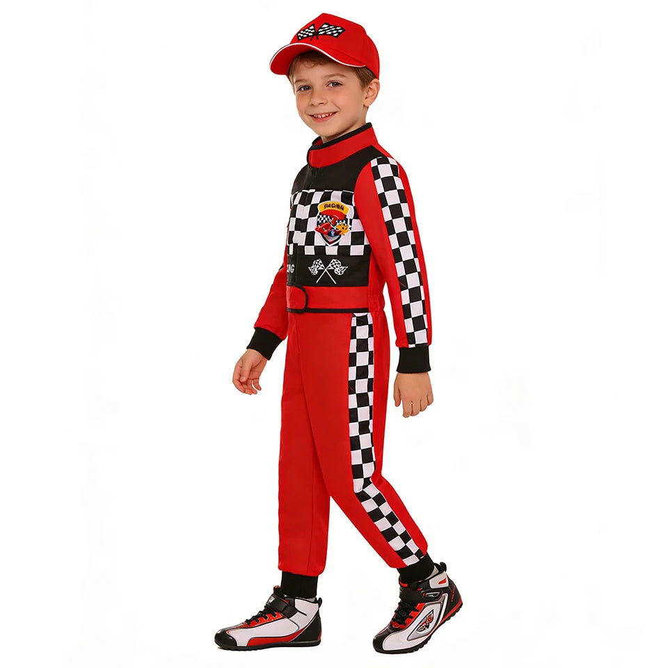 Kids Racer Costume Set Halloween Cosplay Checkered Racing Jumpsuit Boys Book Week Costumes