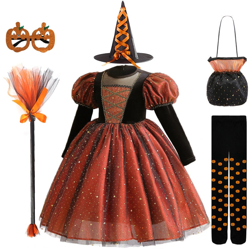 Tabitha's Halloween Witch Girls Orange Costume and Accessories