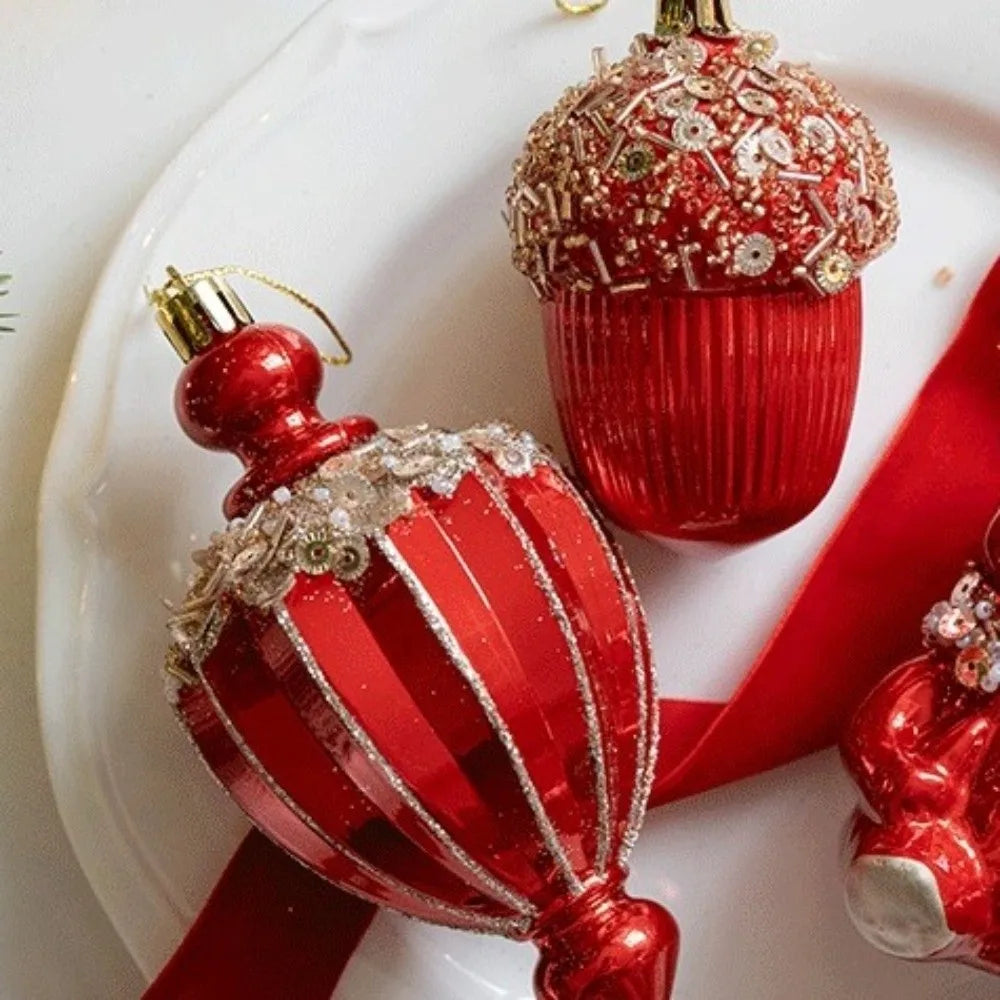 Red Christmas Tree Ornaments Shatterproof Plastic Glitter Little Bear Balls Acorn