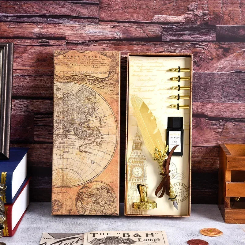 Golden Feather Quill Pens Set Dip Fountain Pens Ink Stationery Writing Gift Box Sets