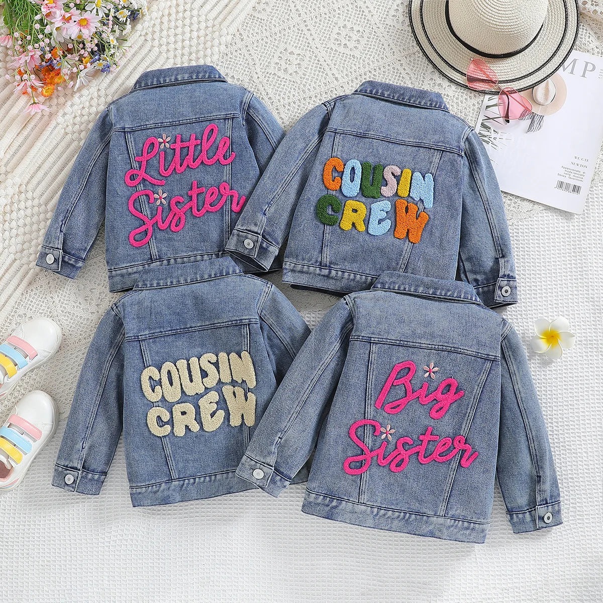 Cousin Crew and Sisters Letter Printed Denim Jackets for Girls