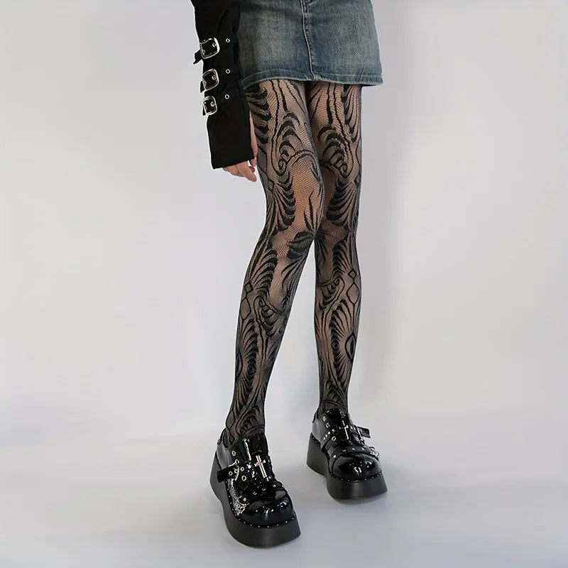 Purple Punk Stockings Eye Rose Lace Spider Web Pantyhose