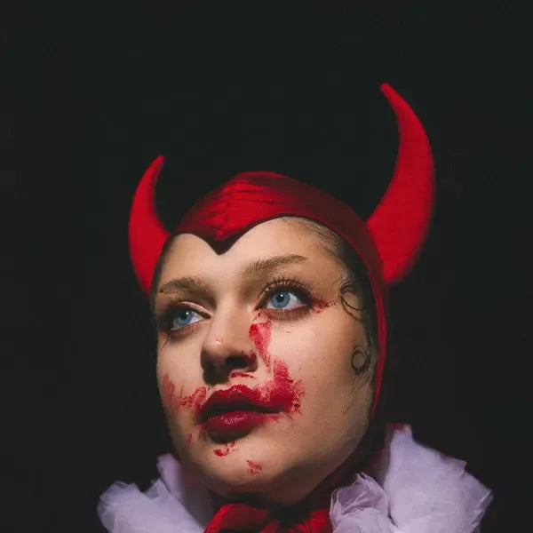 Vintage Horned Devil Red/Black Satin Bonnet Hood Headpiece Halloween Costume Party