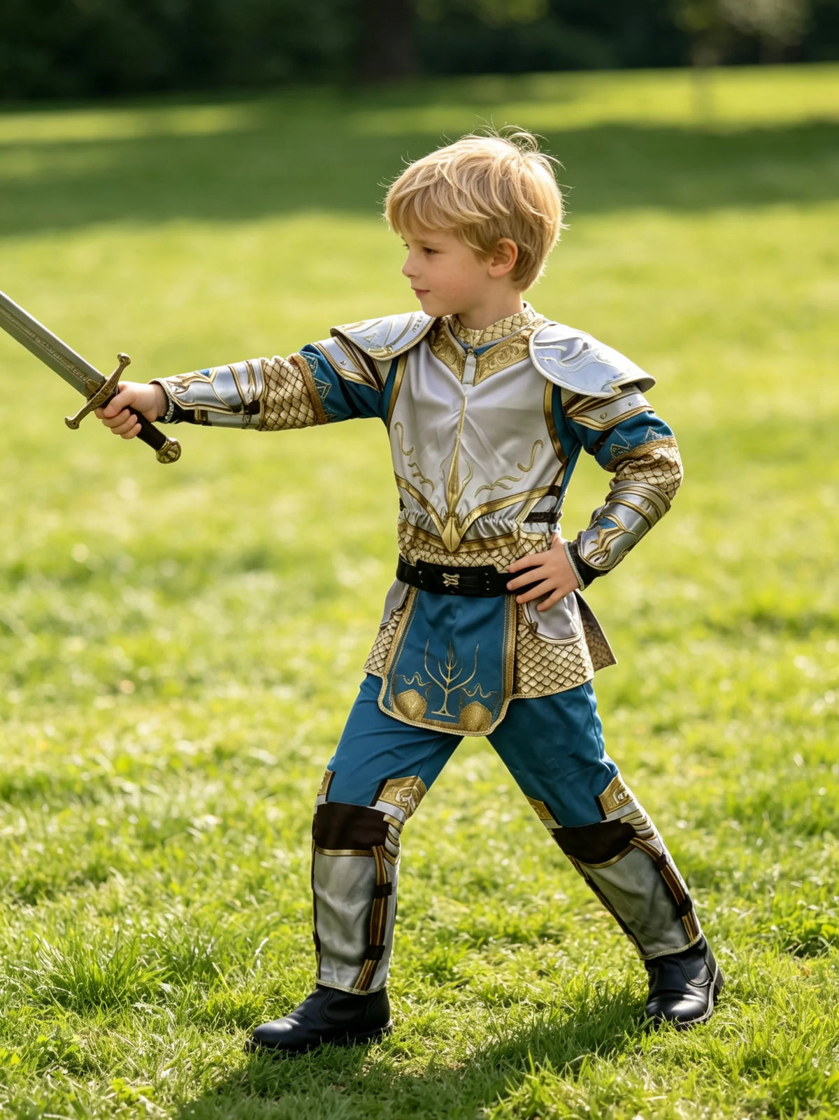 Knight Costume Kids Soft Cosplay Silver Gold And Blue Long Sleeve Set Book Week Halloween