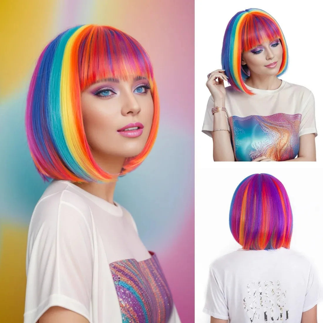Synthetic Party Wigs Colourful Rainbow Bob with Bangs Hairstyle Halloween Cosplay