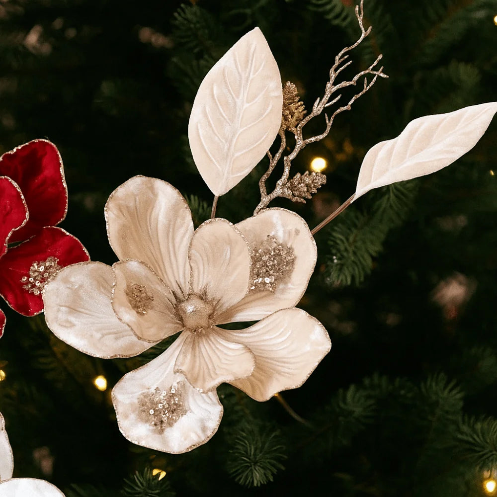 Glitter Christmas Magnolia Artificial Flower Red Gold Handmade Flocking Xmas Decorations