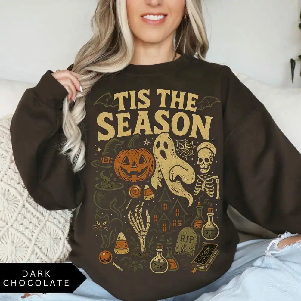 Halloween Sweatshirt Tis' the Season Pumpkin Ghost Fleece Sweater Pullover Jumper