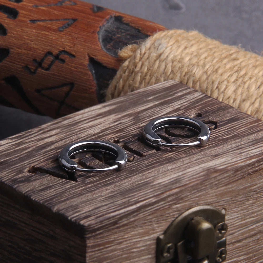 Circle Stainless Steel Huggie Hoop Earrings for Men with Wooden Box