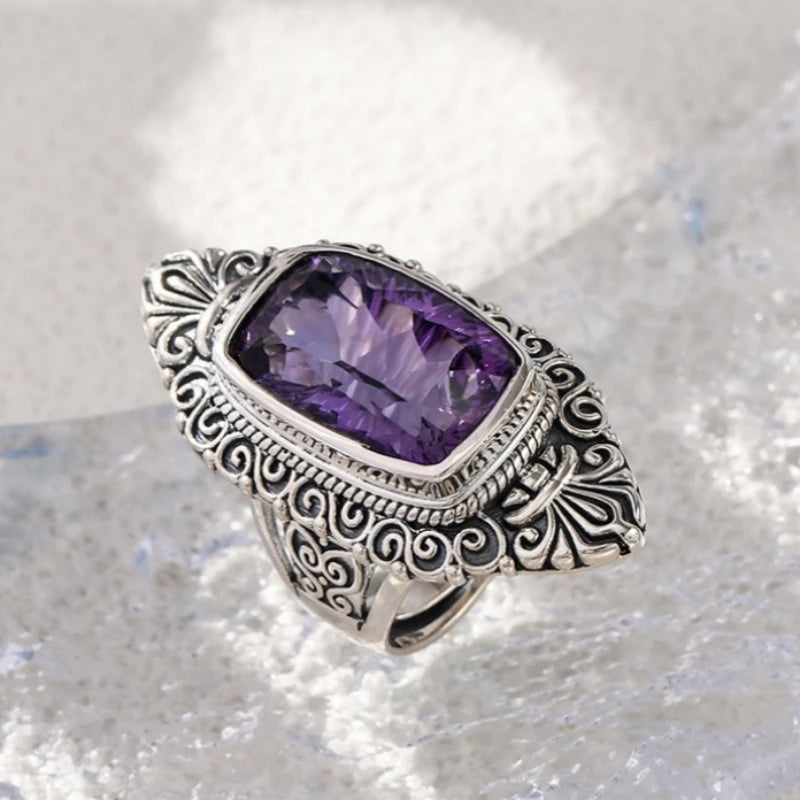 The Gypsy's Lantern S925 Sterling Silver Rings Natural Amethyst Yellow Crystal