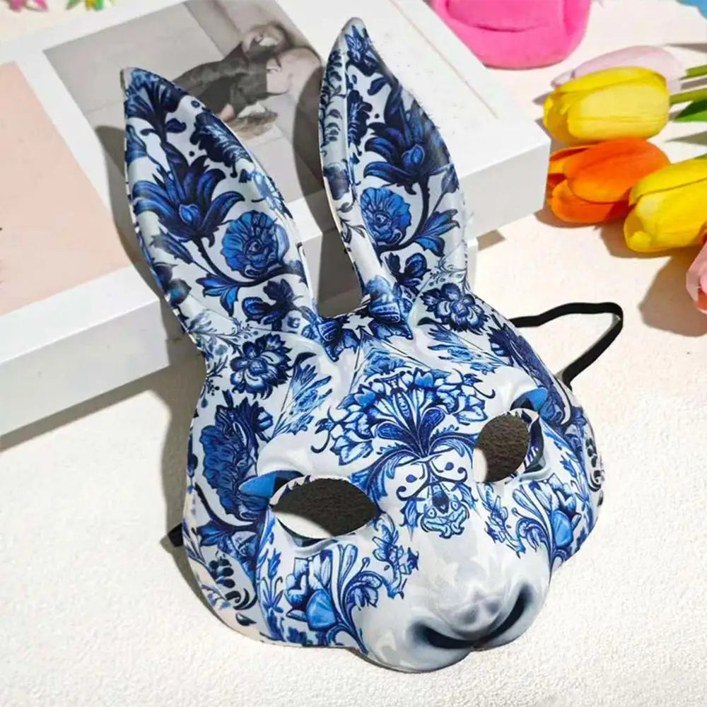 Blue Floral Porcelain Rabbit Masquerade Mask Costume Easter Decor