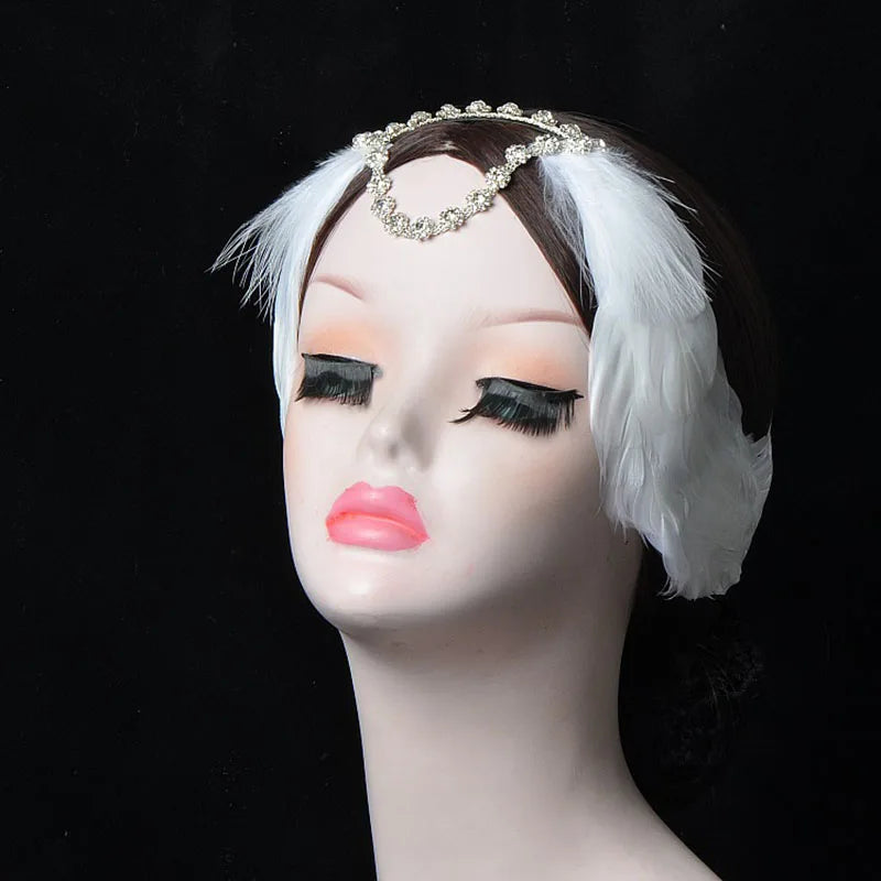 Ballet Swan Lake Headwear White Black Feather Headband With Crystal Rhinestones Ballerina Headdress