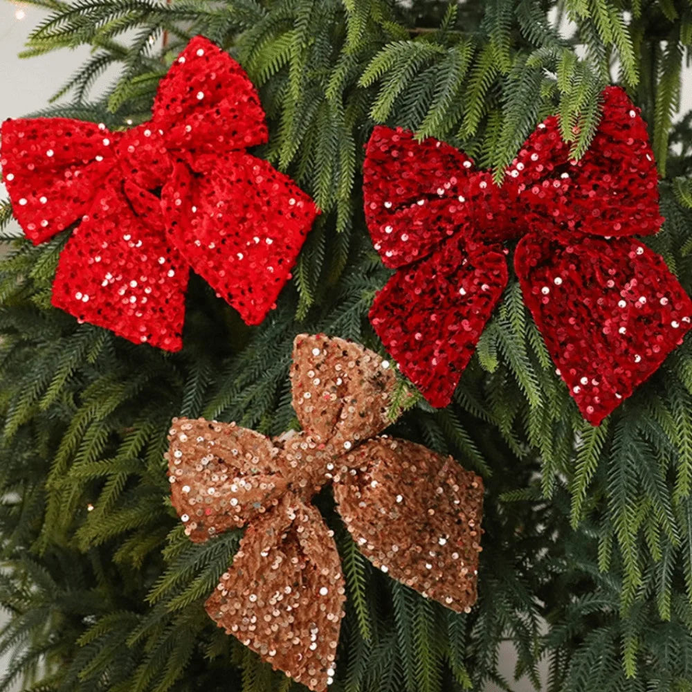Sparkling Christmas Bow with Ribbon Christmas Tree Bowknot Flocked Wreath Xmas Decorations
