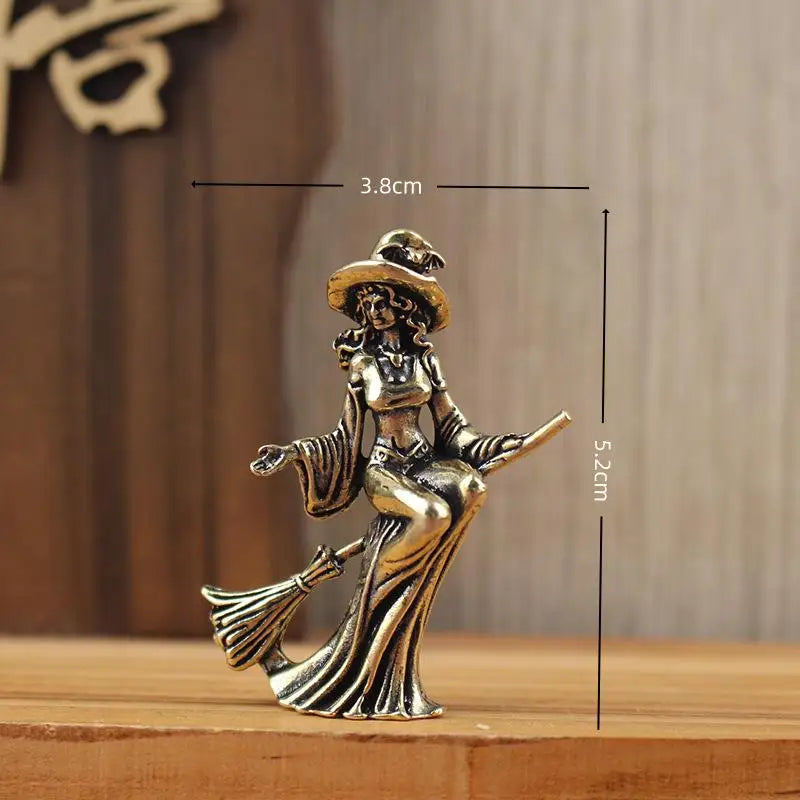 Brass Witch on Broom Figurine Tea Pet