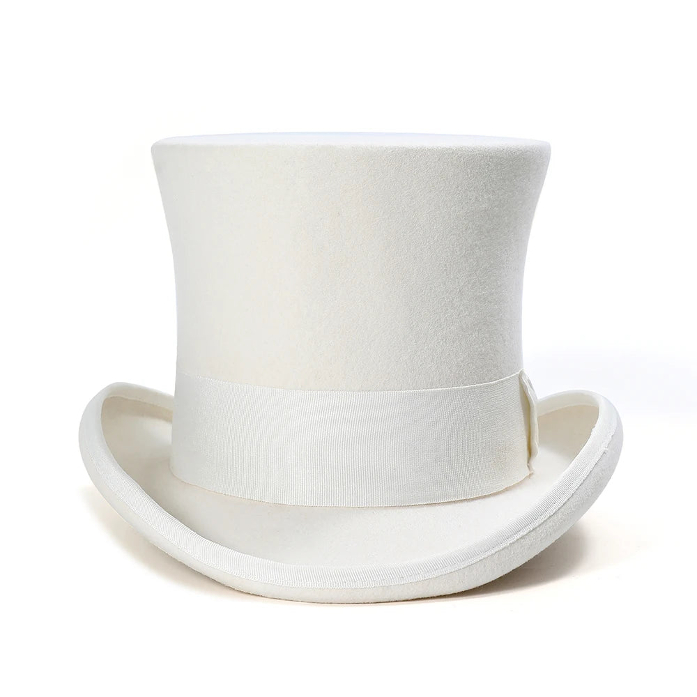 18cm Tall White Wool Felt Top Hat Satin Lined