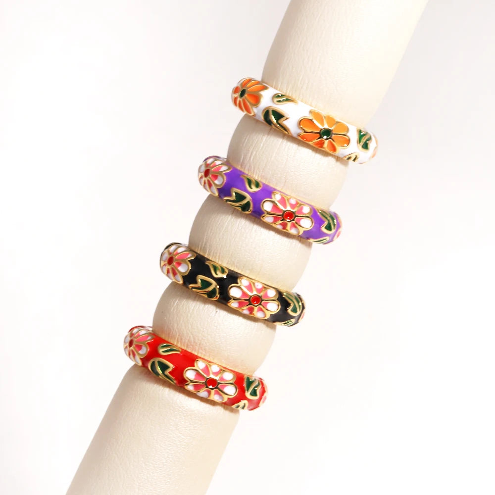 Vintage Boho Colourful Enamel Flower Rings