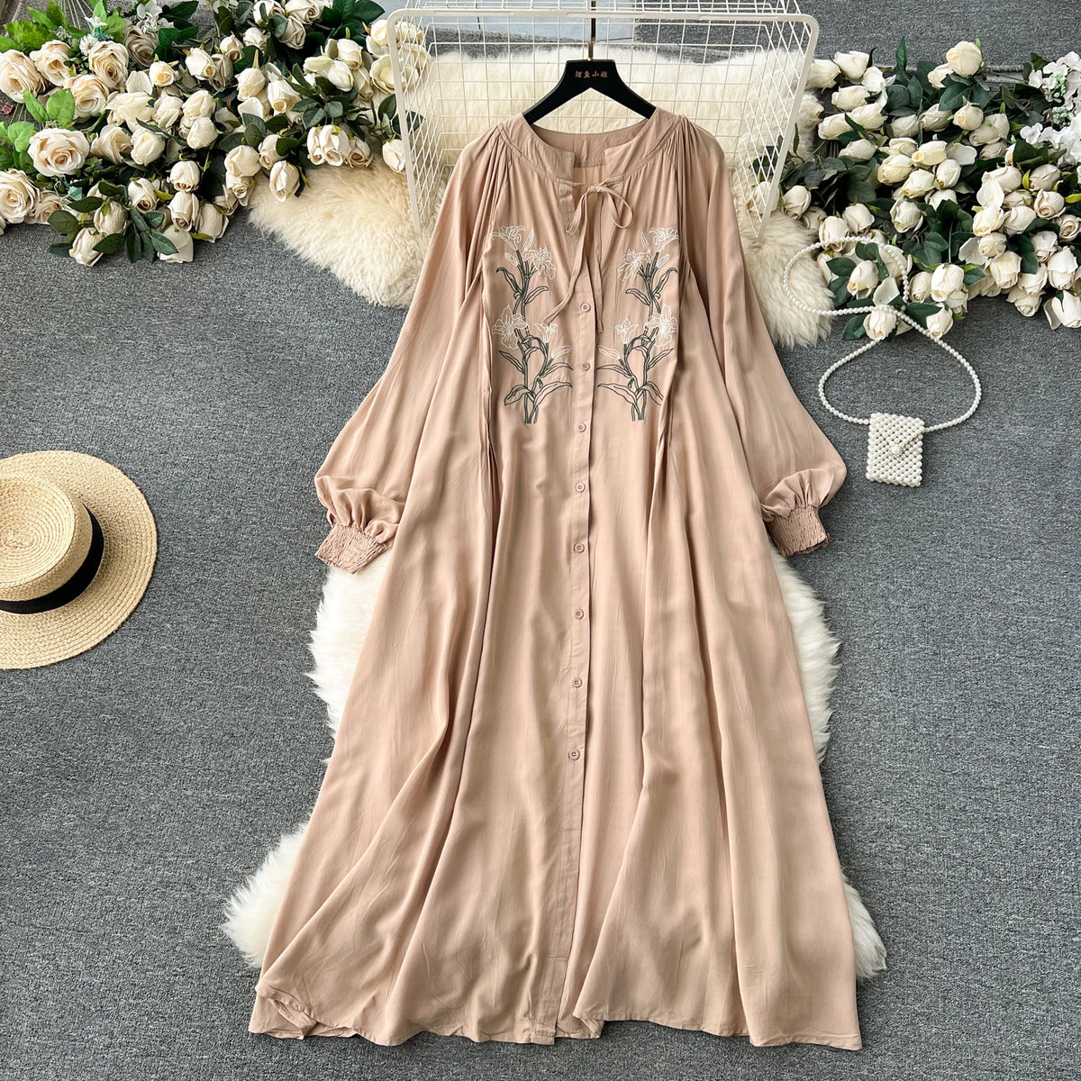 Olive's Embroidered Long Sleeve Shirt Dress