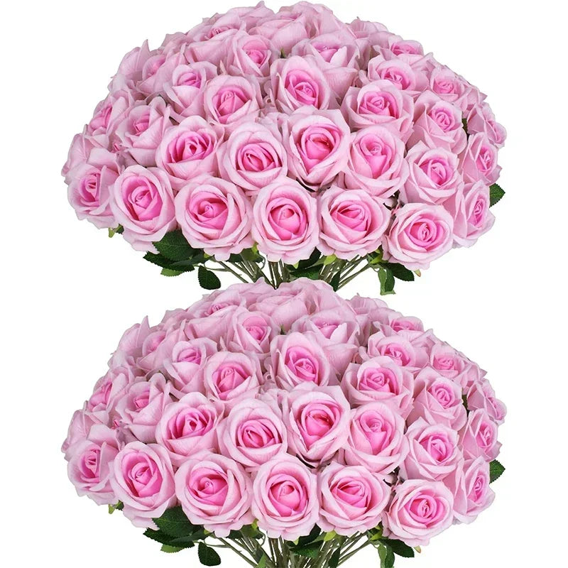 50 Pcs Velvet Roses Artificial Flowers Real Touch Fake Roses Valentine's DIY Wedding Bouquet Home Decor