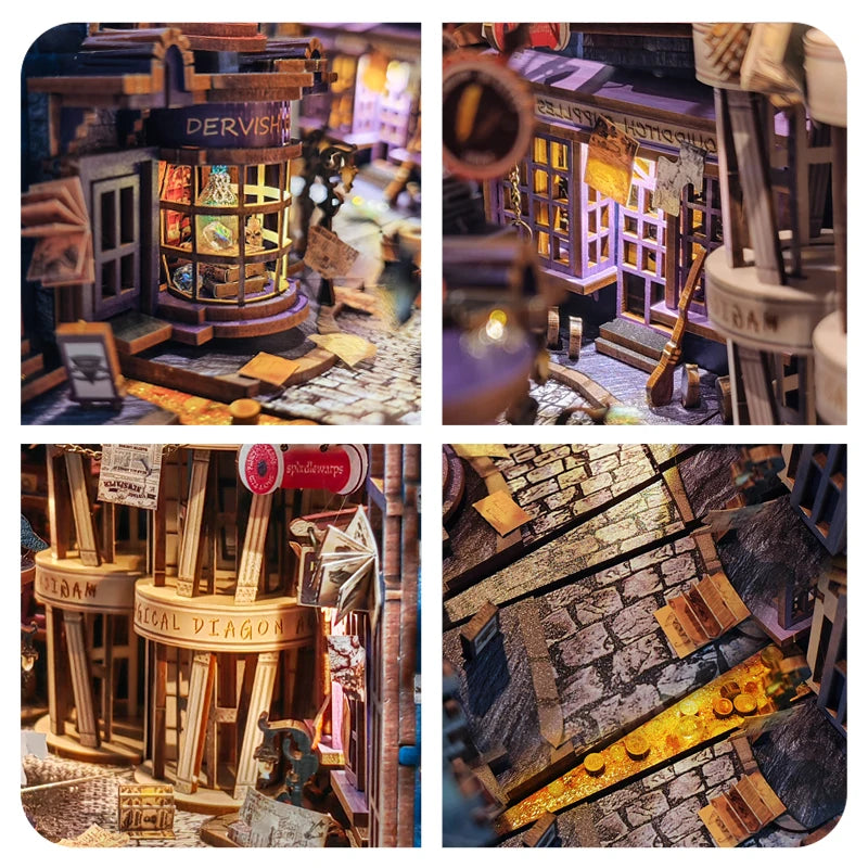 Magic Night Alley DIY Wooden Book Nook Shelf Insert Miniature Building Kits Bookshelf Decor with LED Lights