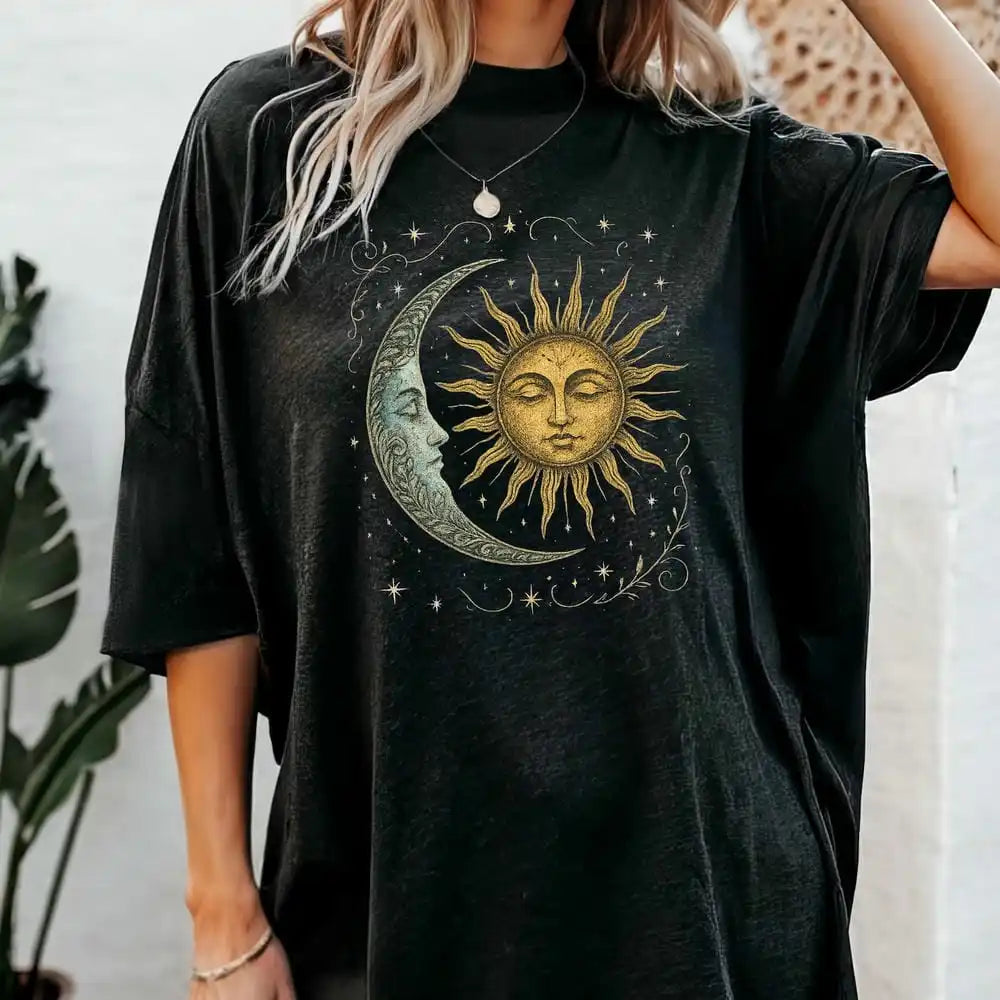 Boho Celestial Moon and Radiant Sun Cotton T-shirt