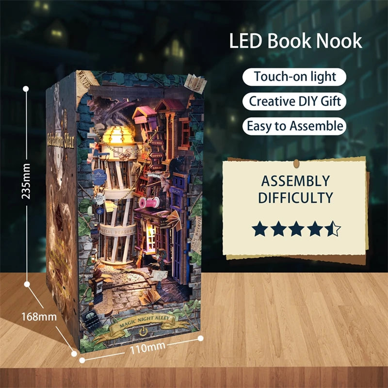 Magic Night Alley DIY Wooden Book Nook Shelf Insert Miniature Building Kits Bookshelf Decor with LED Lights