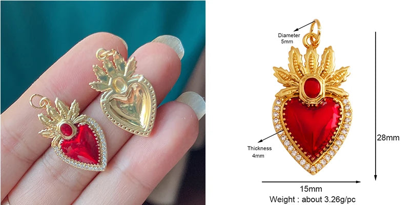 Red and Gold Sacred Heart Charms 18K Gold Plated for Jewellery Making
