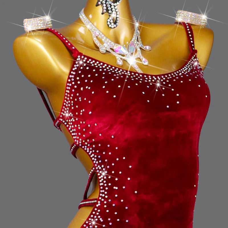 Red Velvet Latin Dance Dress Professional Cha-Cha Line Suit