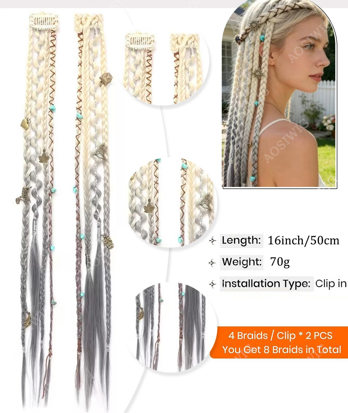 2pc Ombre Synthetic Fae Braids Hair Extensions Clip in Hairpieces