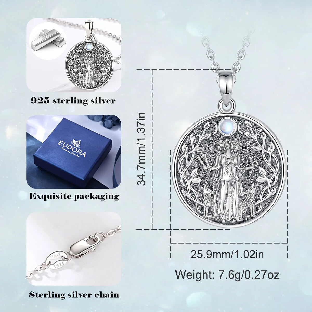 Moonstone Triple Moon Goddess Hecate Dog Amulet Pendant Necklace 925 Sterling Silver
