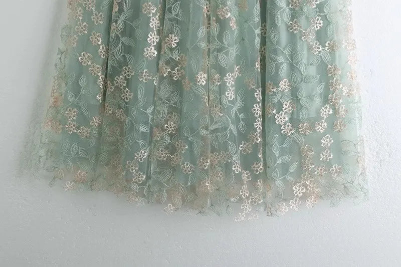 Primrose's Floral Tulle Skirt Embroidered Lace High Waist Midi Skirt
