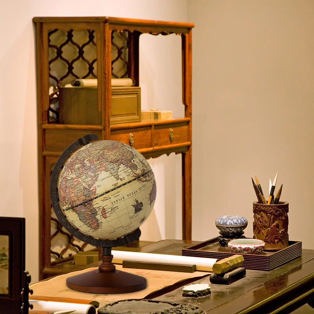 World Globe Earth Map Retro Wooden Base Desk Decor
