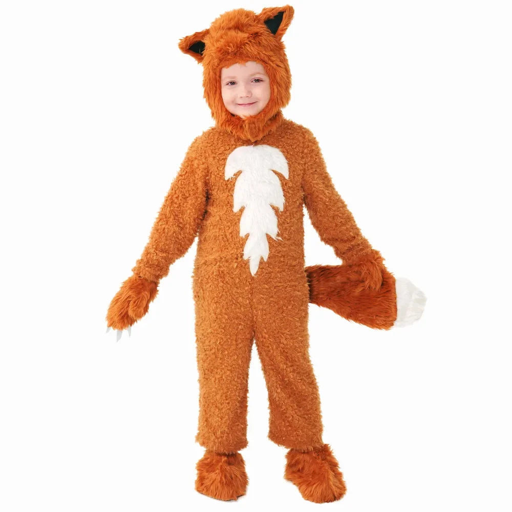 Child Kids 2-12Y Fleece Furry Lion King and Fox Costume Rompers Set Cosplay Halloween Fancy Dress