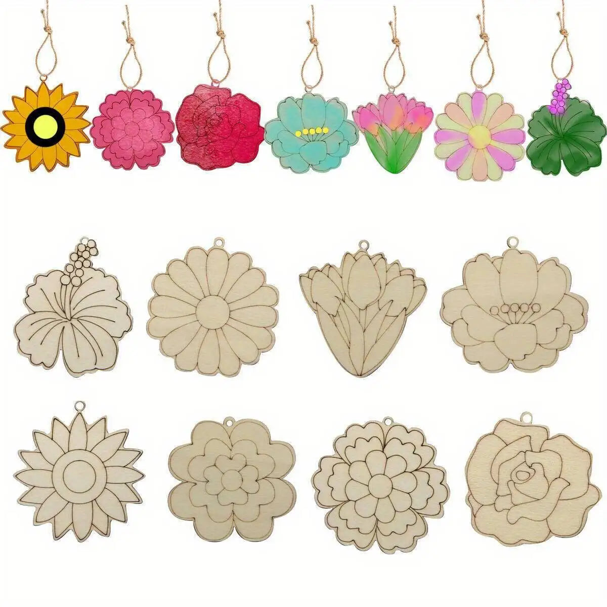 24Pcs Wooden Flower Head Hanging Ornaments For Decorations and Gifts DIY Wood Craft Project