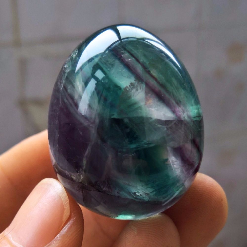 48mm Natural Polished Stone Green Purple Fluorite Quartz Crystal Egg + Base