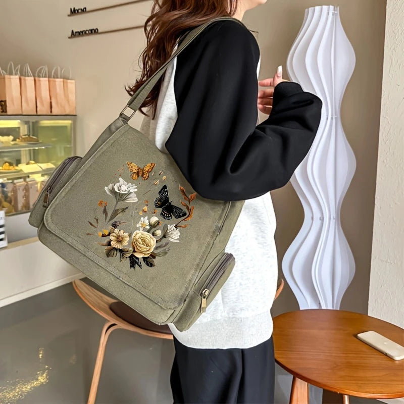 Rose Garden Print Canvas Shoulder Bag Crossbody Messenger Bag