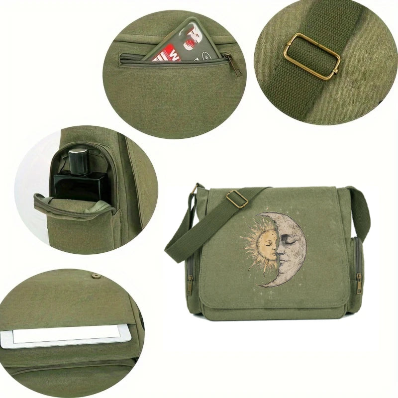 Sun Moon Print Canvas Shoulder Bag Crossbody Messenger Bag